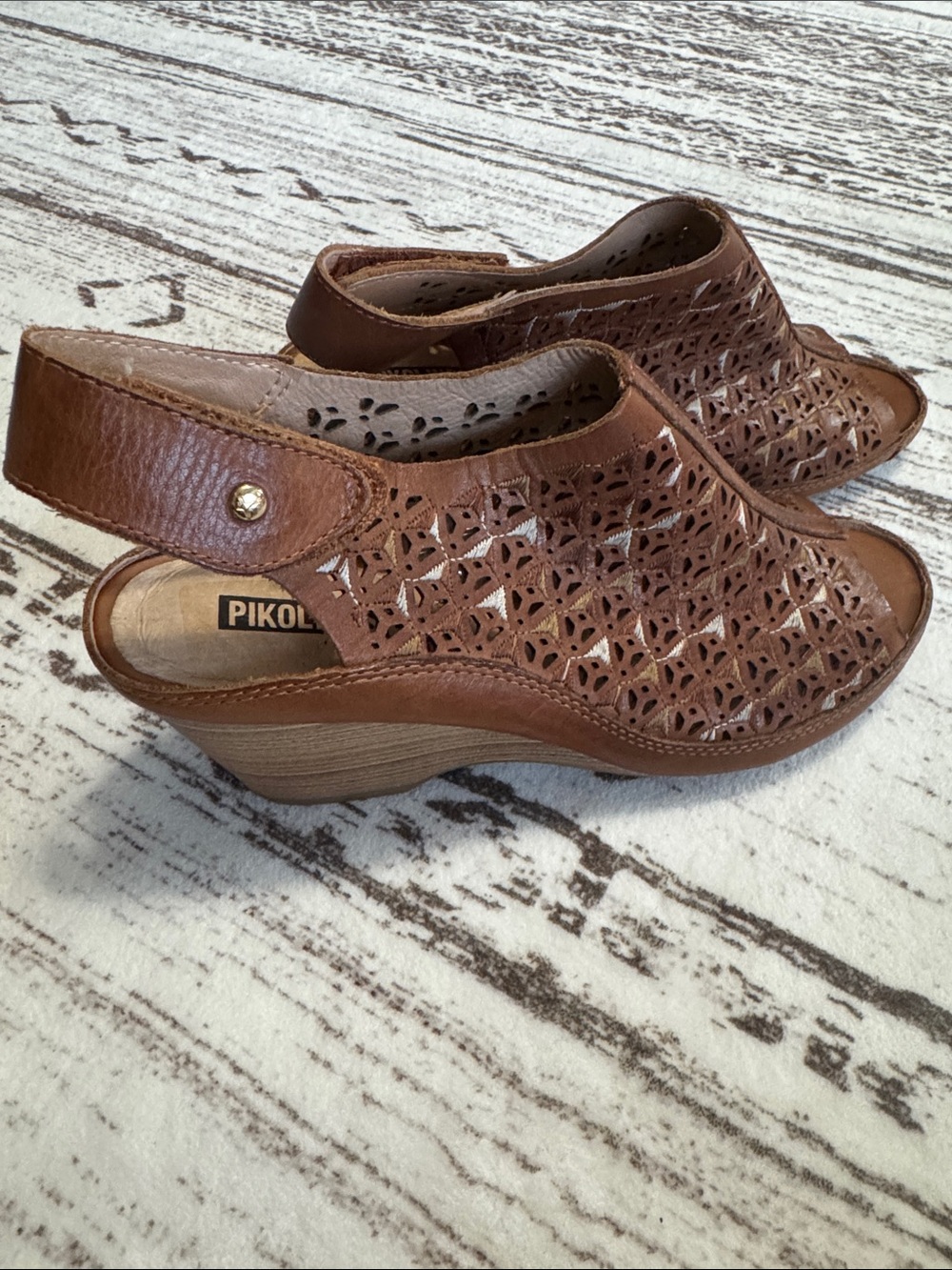 PIKOLINOS Tan Laser-Cut Leather Slingback Wedge Sandals